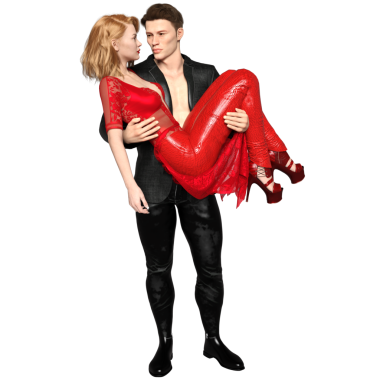 Üç boyutlu bir çift, samimi bir pozda, kırmızı yüzen dantelli kadın, siyah giyen bir adam tarafından kucaklanıyor, şeffaf bir arka planda izole edilmiş..