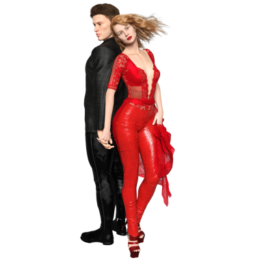 Üç boyutlu bir çift, samimi bir pozda, kırmızı yüzen dantelli kadın, siyah giyen bir adam tarafından kucaklanıyor, şeffaf bir arka planda izole edilmiş..