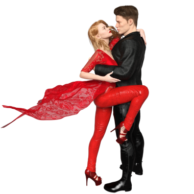 Üç boyutlu bir çift, samimi bir pozda, kırmızı yüzen dantelli kadın, siyah giyen bir adam tarafından kucaklanıyor, şeffaf bir arka planda izole edilmiş..