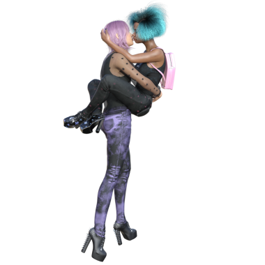 3D, iki genç gotik kızı şeffaf arka planda izole edilmiş, samimi bir pozisyona soktu..