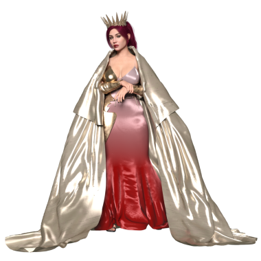 3 boyutlu fantezi kraliçesi dalgalı metalik bir pelerin ve altın bir küre tutan kırmızı bir elbise içinde şeffaf bir arka planda izole edilmiş bir taç giyiyor..