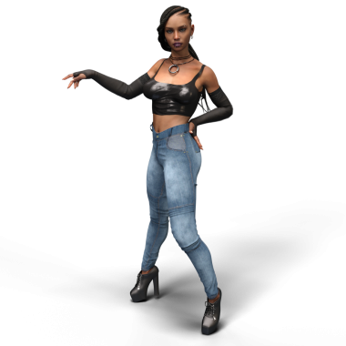 Üç boyutlu örgü örgülü, siyah bluzlu, kot pantolonlu ve platform ayakkabılı, şeffaf arka planda izole edilmiş gotik bir kadın..