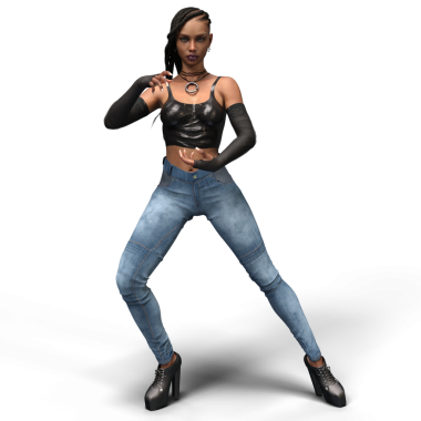 Üç boyutlu örgü örgülü, siyah bluzlu, kot pantolonlu ve platform ayakkabılı, şeffaf arka planda izole edilmiş gotik bir kadın..