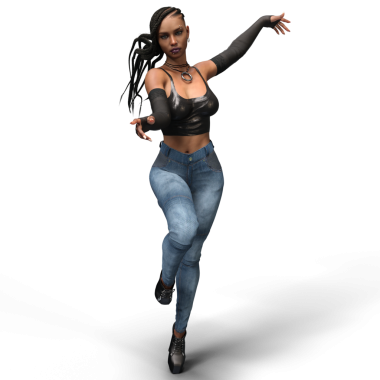 Üç boyutlu örgü örgülü, siyah bluzlu, kot pantolonlu ve platform ayakkabılı, şeffaf arka planda izole edilmiş gotik bir kadın..
