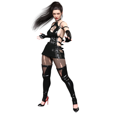 Üç boyutlu, siyah lateks giysili, balıkçı çoraplı, güvenle yürüyen, şeffaf arka planda izole edilmiş gotik bir kadın..