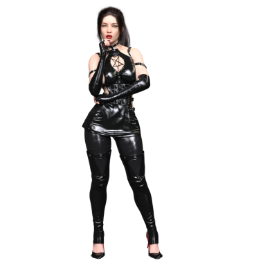 Üç boyutlu, siyah lateks giysili, balıkçı çoraplı, güvenle yürüyen, şeffaf arka planda izole edilmiş gotik bir kadın..