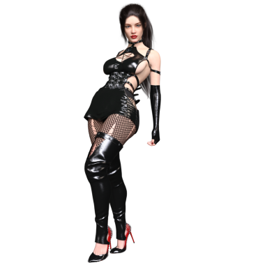 Üç boyutlu, siyah lateks giysili, balıkçı çoraplı, güvenle yürüyen, şeffaf arka planda izole edilmiş gotik bir kadın..