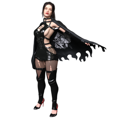 Üç boyutlu, siyah lateks kıyafetli, kendine güvenen, şeffaf arka planda izole edilmiş, yırtık pırtık pelerinli gotik bir kadın..