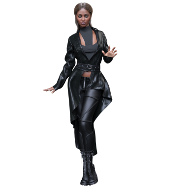 Üç boyutlu, şeffaf arka planda izole edilmiş, uzun paltolu, parlak siyah deri kıyafetli bir kadın..