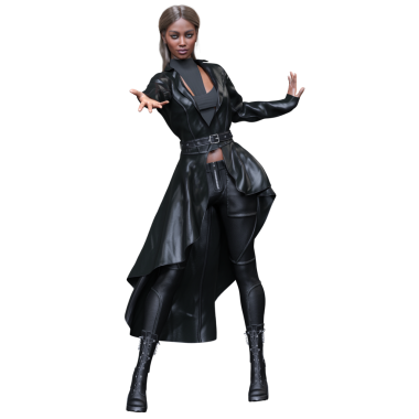 Üç boyutlu, şeffaf arka planda izole edilmiş, uzun paltolu, parlak siyah deri kıyafetli bir kadın..