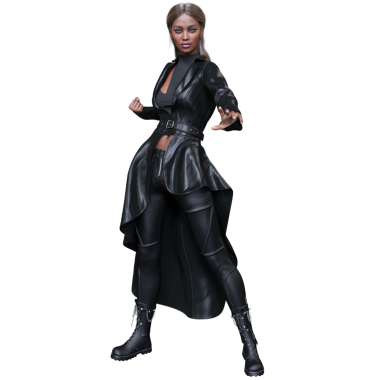 Üç boyutlu, şeffaf arka planda izole edilmiş, uzun paltolu, parlak siyah deri kıyafetli bir kadın..