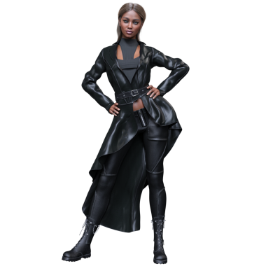 Üç boyutlu, şeffaf arka planda izole edilmiş, uzun paltolu, parlak siyah deri kıyafetli bir kadın..