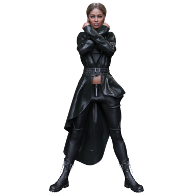 Üç boyutlu, şeffaf arka planda izole edilmiş, uzun paltolu, parlak siyah deri kıyafetli bir kadın..