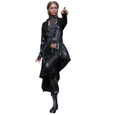 Üç boyutlu, şeffaf arka planda izole edilmiş, uzun paltolu, parlak siyah deri kıyafetli bir kadın..