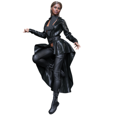 Üç boyutlu, şeffaf arka planda izole edilmiş, uzun paltolu, parlak siyah deri kıyafetli bir kadın..