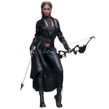 Siyah deri giymiş, elinde koyu renkli bir fiyonk tutan, şeffaf arka planda izole edilmiş 3 boyutlu bir kadın..