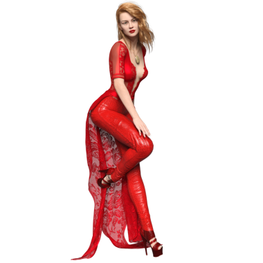 3 boyutlu, zarif kırmızı dantelli bir kadın. Kendine güvenen, şeffaf bir arkaplanda izole edilmiş..