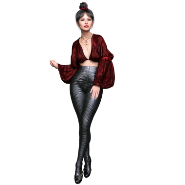 3 boyutlu, kırmızı bluzlu ve siyah deri pantolonlu, şeffaf arka planda izole edilmiş bir kadın..