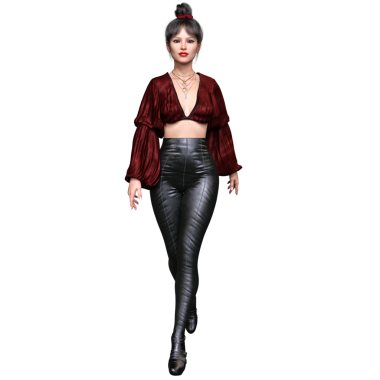 3 boyutlu, kırmızı bluzlu ve siyah deri pantolonlu, şeffaf arka planda izole edilmiş bir kadın..