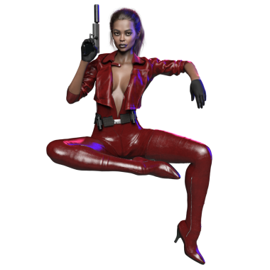 3D, kırmızı deri kıyafetli, elinde tabanca olan, güvenle poz veren, şeffaf arka planda izole edilmiş bir kadın..