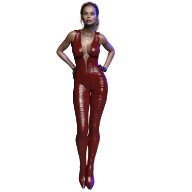 Üç boyutlu, parlak kırmızı kedi kostümü giymiş, kendinden emin bir poz veren, şeffaf arka planda izole edilmiş bir kadın..