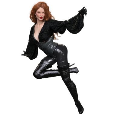 Deri pantolonlu, korseli, eldivenli ve yüksek çizmeli, şeffaf arka planda izole siyah gotik kıyafetli bir kadın..