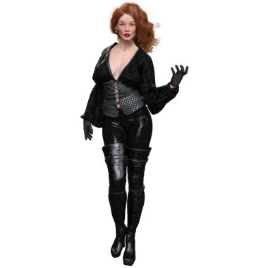 Deri pantolonlu, korseli, eldivenli ve yüksek çizmeli, şeffaf arka planda izole siyah gotik kıyafetli bir kadın..