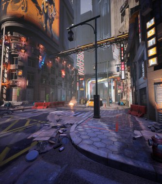 Arkaplan resmi olarak graffities ile 3D oluşturulmuş siber punk şehir sokağı