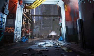 Arkaplan resmi olarak graffities ile 3D oluşturulmuş siber punk şehir sokağı