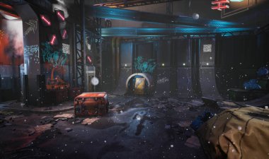 Arkaplan resmi olarak graffities ile 3D oluşturulmuş siber punk şehir sokağı