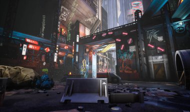 Arkaplan resmi olarak graffities ile 3D oluşturulmuş siber punk şehir sokağı