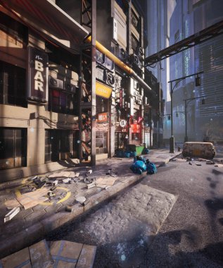 Arkaplan resmi olarak graffities ile 3D oluşturulmuş siber punk şehir sokağı