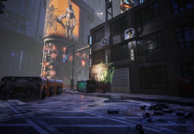 Arkaplan resmi olarak graffities ile 3D oluşturulmuş siber punk şehir sokağı