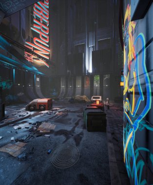Arkaplan resmi olarak graffities ile 3D oluşturulmuş siber punk şehir sokağı