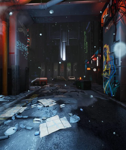 Arkaplan resmi olarak graffities ile 3D oluşturulmuş siber punk şehir sokağı