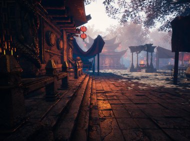 3D, büyük ağaçların dallarından süzülen yumuşak ışıkla aydınlatılan büyüleyici antik bir açık hava yolunun görüntüsünü oluşturdu. Taş yol dekoratif fenerlerle kaplı.