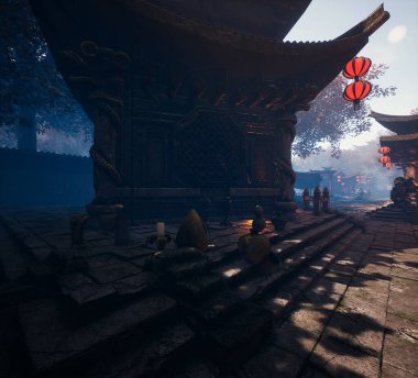 3D, altın Buda heykelleriyle antik bir Japon pazarının fantezi arka planını oluşturdu..