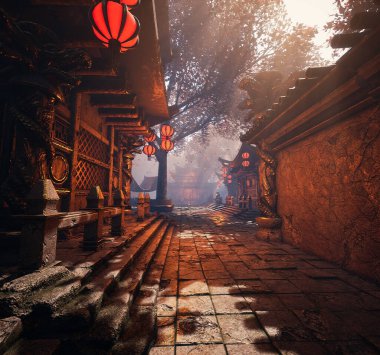 3D, büyük ağaçların dallarından süzülen yumuşak ışıkla aydınlatılan büyüleyici antik bir açık hava yolunun görüntüsünü oluşturdu. Taş yol dekoratif fenerlerle kaplı.