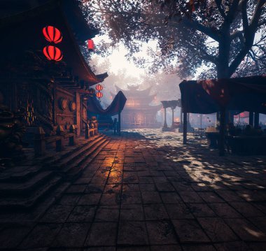 3D, büyük ağaçların dallarından süzülen yumuşak ışıkla aydınlatılan büyüleyici antik bir açık hava yolunun görüntüsünü oluşturdu. Taş yol dekoratif fenerlerle kaplı.