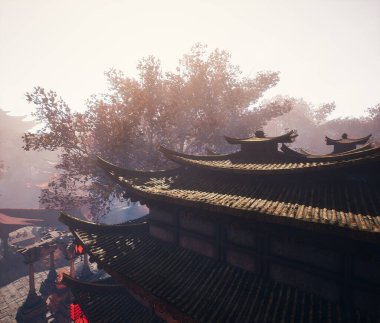 Eski bir Çin evinin çatısından üç boyutlu arkaplan görüntüsü oluşturuldu 