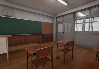 Tahta zeminli, sıra sıra masalı ve geniş pencereli boş bir sınıf..