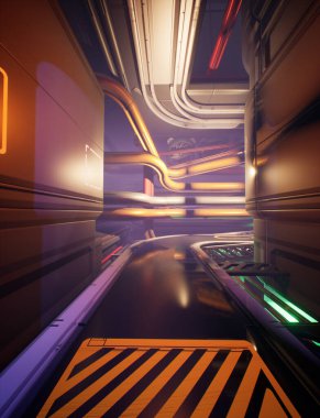 Yeşil ve sarı ışıklar ve metalik yüzeylerle aydınlatılmış 3D fütüristik uzay gemisi koridoru.