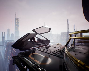 3D oluşturulmuş fütüristik kontrol odası veya bilim-kurgu şehir siluetine bakan uzay gemisi güvertesi.