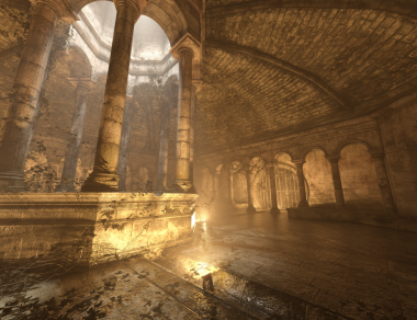 3D, uzun sütunlar, sıcak aydınlatma ve aşırı büyümüş sarmaşıklarla eski taş tapınaklar inşa etti..