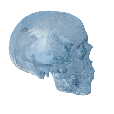 Şeffaf arkaplanda izole edilmiş buzdan yapılmış 3 boyutlu kafatası