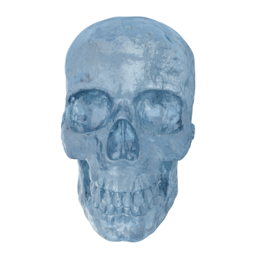 Şeffaf arkaplanda izole edilmiş buzdan yapılmış 3 boyutlu kafatası