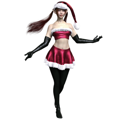 Beyaz kürklü, şeffaf arka planda izole edilmiş kırmızı Noel Baba 'dan esinlenilmiş bir kıyafet giyen, 3 boyutlu bir kadın karakter.