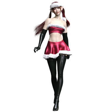 Beyaz kürklü, şeffaf arka planda izole edilmiş kırmızı Noel Baba 'dan esinlenilmiş bir kıyafet giyen, 3 boyutlu bir kadın karakter.
