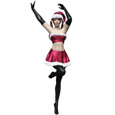 Beyaz kürklü, şeffaf arka planda izole edilmiş kırmızı Noel Baba 'dan esinlenilmiş bir kıyafet giyen, 3 boyutlu bir kadın karakter.