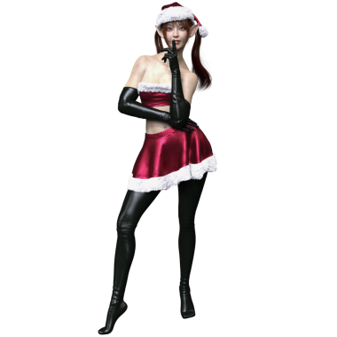 Beyaz kürklü, şeffaf arka planda izole edilmiş kırmızı Noel Baba 'dan esinlenilmiş bir kıyafet giyen, 3 boyutlu bir kadın karakter.